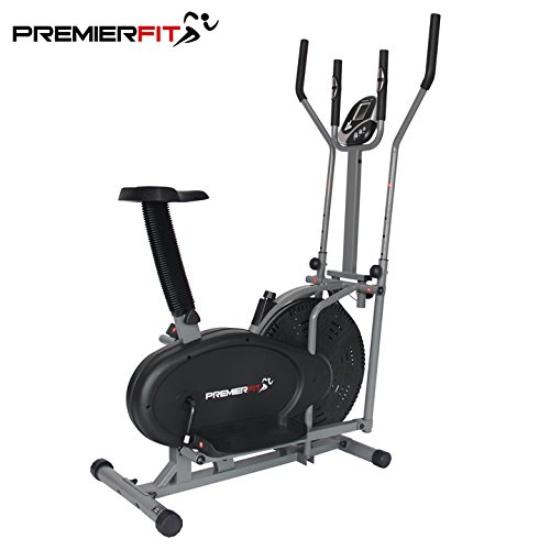 PremierFit CB360 2-in-1 Elliptical Cross Trainer Exercise Bike - Fitness Cardio Weight-Loss Workout Machine with Seat + Heart Rate Pulse Sensors