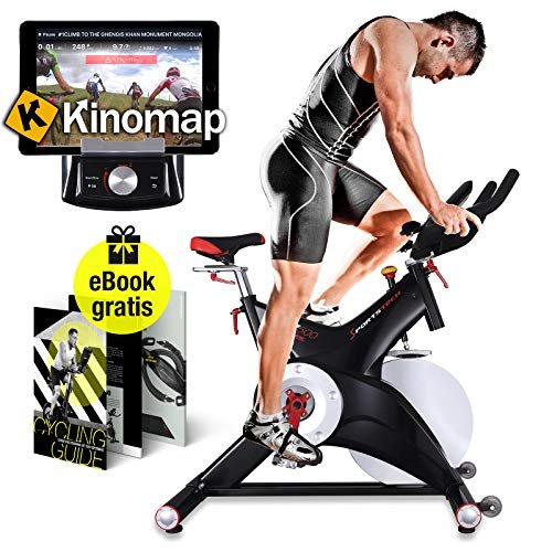 Sportstech Professional Indoor Cycle SX500 with Smartphone App Control + 25KG Flywheel, Arm Support, Pulse Belt Compatible - Speedbike in Studio Quality with SPD Click System - Kinomap & eBook incl.
